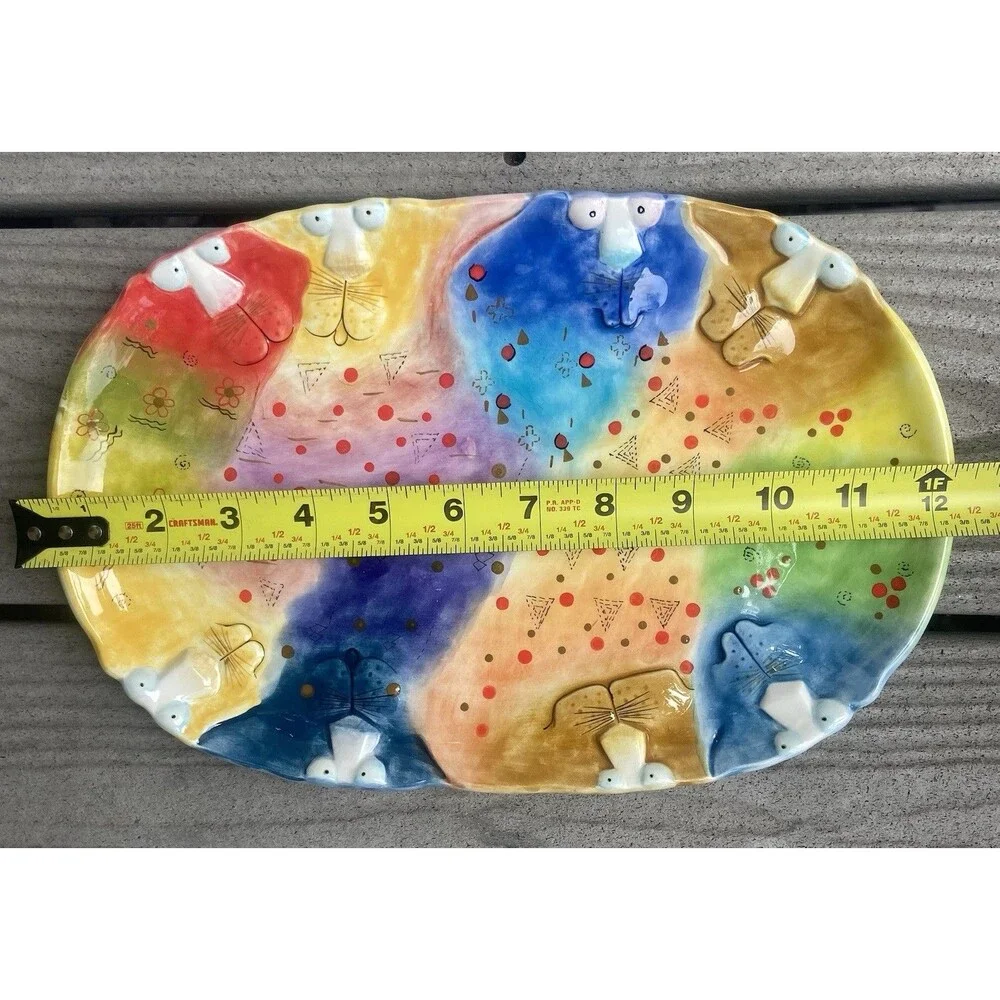 Studio Designworks Joy Cat Platter Hand Painted Ceramic Whimsical Cute Funny 12”
